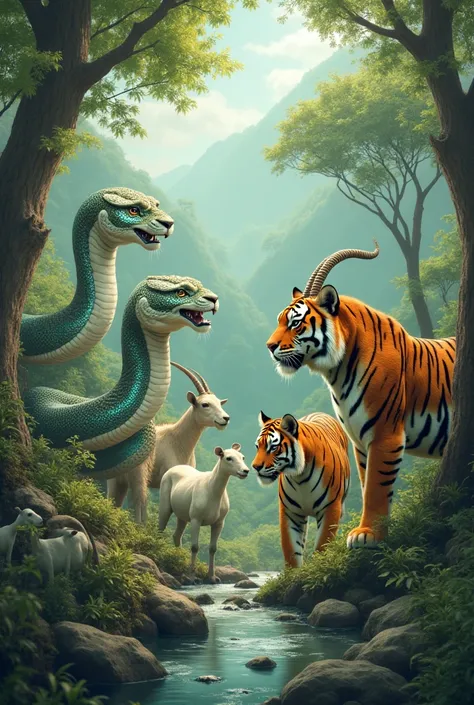 Three snakes, goats, tigers.