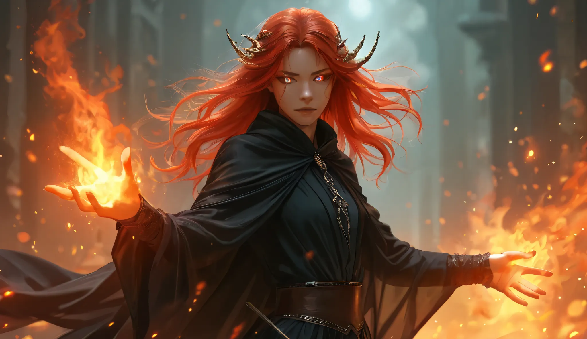 Red hair, two colored eyes, flames all around, wearing a black cloak, holding a white wand, casting magic. 