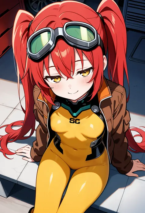 score_9, score_8_up, score_7_up, score_6_up, score_5_up, score_4_up, source_anime, tina, 1girl, solo, dwarf, yellow eyes, half-closed eyes, long hair, red hair, twintails, bangs, goggles, petite, small breasts, thicc thighs, smile, front view, looking at v...