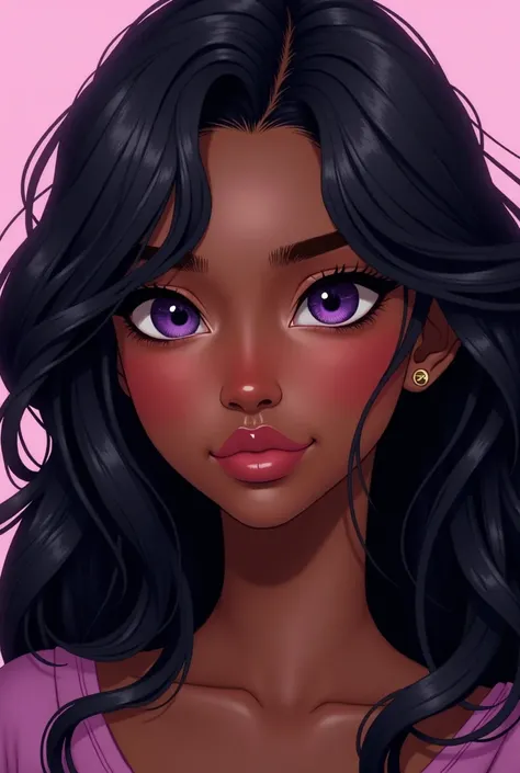 Animated woman ,  dark skin, purple eyes and black hair, about 28 years