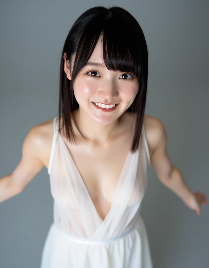 Facial close-up, High-angle, *The image is a portrait of a thin and small young woman named Kira posing for a photo. She has a short stature, Snow-white skin, Narrow shoulders. She is smiling at the camera. Her has dark simi-long straight hair with bangs, ...