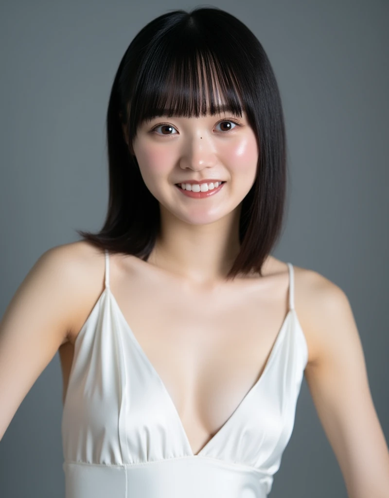 Facial close-up, High-angle, *The image is a portrait of a thin and small young woman named Kira posing for a photo. She has a short stature, Snow-white skin, Narrow shoulders. She is smiling at the camera. Her has dark simi-long straight hair with bangs, ...