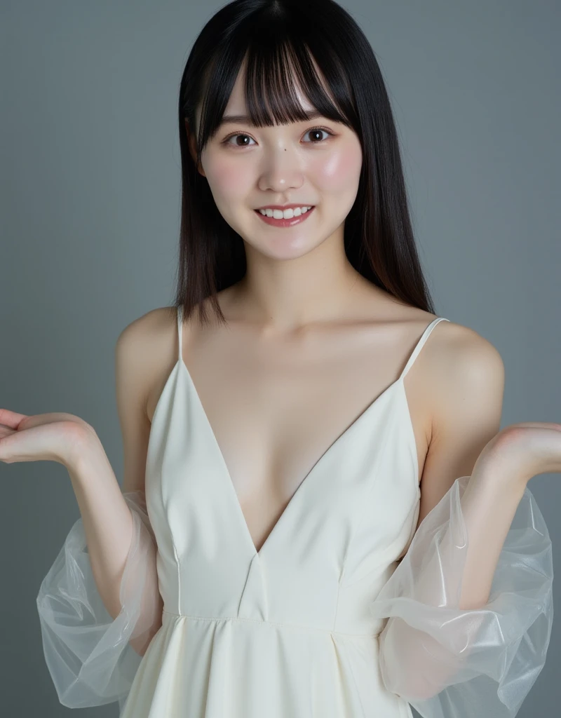 Facial close-up, High-angle, *The image is a portrait of a thin and small young woman named Kira posing for a photo. She has a short stature, Snow-white skin, Narrow shoulders. She is smiling at the camera. Her has dark simi-long straight hair with bangs, ...