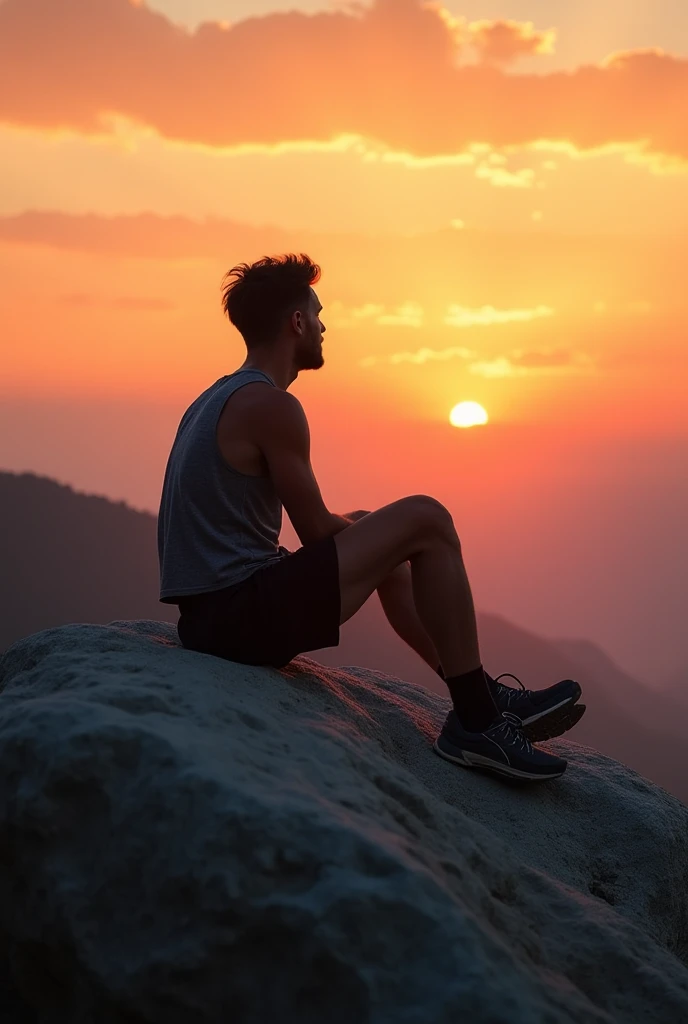 "A lone athlete sits on a massive rock, watching the sun set on the horizon. He is wearing slightly sweaty training clothes, and his worn-out shoes show signs of exhaustion. The sky is painted in shades of orange and red as the sun slowly descends. A gentl...