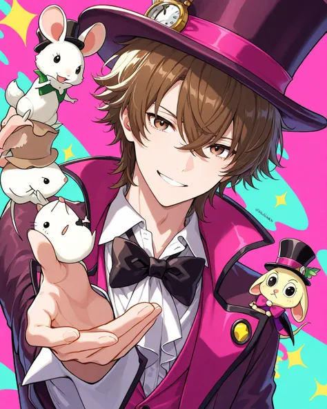 brown haired MALE , mad hatter's vibe, wearing a top hat with a tiny MOUSE