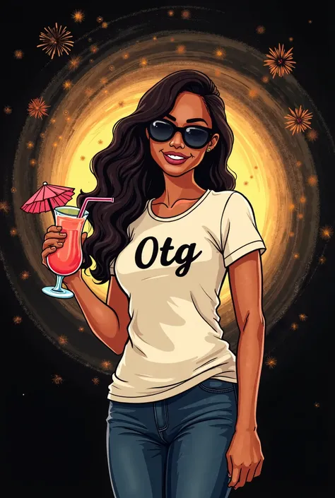 A cartoonish, cute Polynesian lady in her 40s, wearing a plain round-neck t-shirt with the letters "OTG" in readable cursive writing. She has a medium build and is wearing dark blue denim jeans. She's sporting dark sunglasses and holding a cocktail drink w...