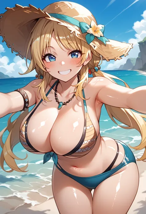 hachimiya meguru, 1girl, blonde hair, low twintails, long hair, blue eyes, huge breasts, bikini, striped patterned bikini, strings bikini, (bursty breasts:1.2), front tied, straw hat, necklace, thigh accessories, (oily skin, shiny skin:1.3), spread arms, b...