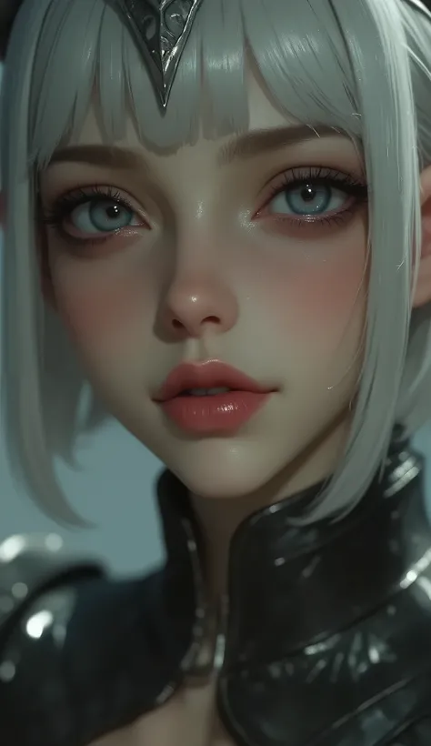 1 dark elf woman, Alone, Zoom up on a woman's face、 about to kiss,  first-person view from above  ,  blanking,  eye closed , Pursed lips, Stick your chin out,  shape when pronouncing lips  "you", Shyness, Realistic and attractive nose,  shiny skin ,  smirk...