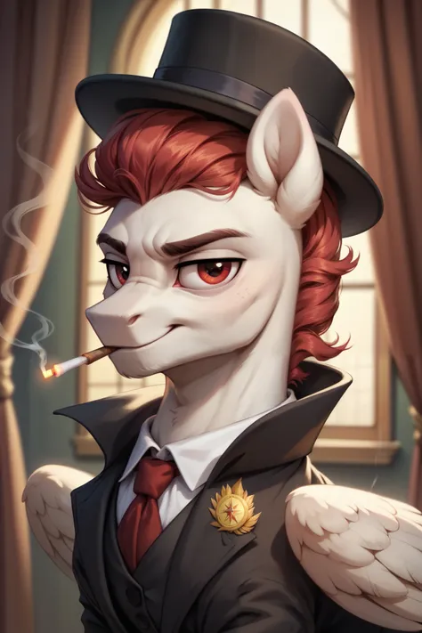 My Little Pony, white body, red eyes  red hair, curtain haircut, pegasus, seductive smile, pony Inverness cape, bowler hat, portrait, cigarette, casanova, dominant, brave