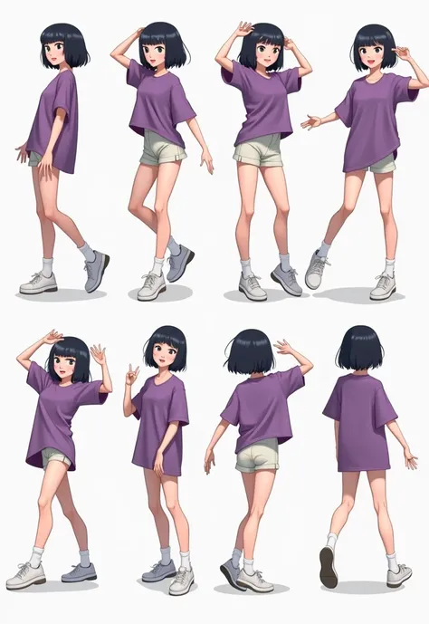 a group of sprites of an anime girl dancing,  short black hair, Bob Cut, purple oversized t shirt hoja de sprites, spritesheet,  visual effects sprite sheet !!!!!, Dance Cycle , sprite 2d, sprite 2ds,  game sprite , sprite 2d,  game concept art sprite shee...