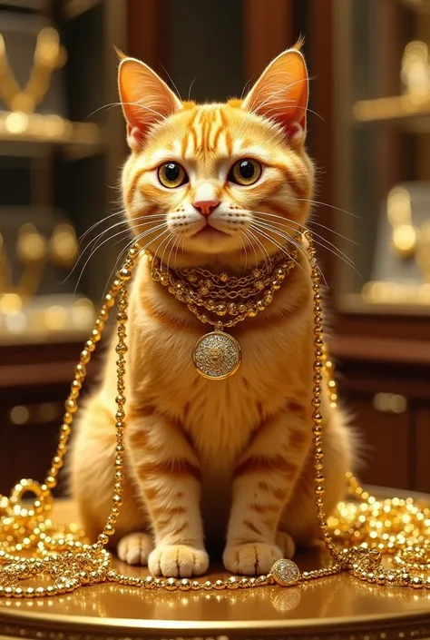 Cat Covered in Gold – The cat is tangled up in gold chains and rings, looking both guilty and proud as it sits in the middle of the shop floor.