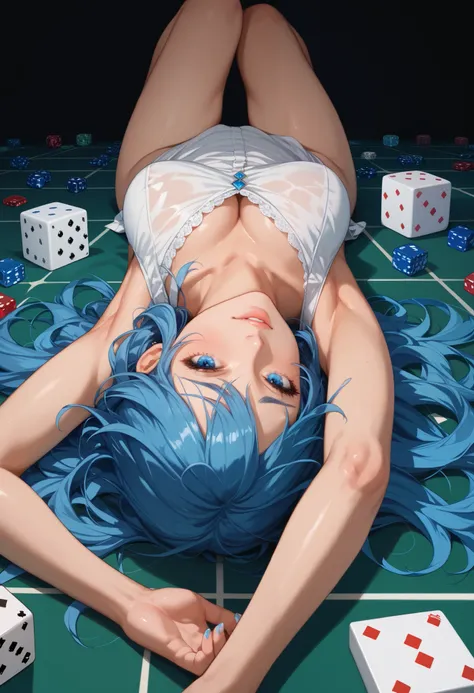 solo focus,  1girl , (masterpiece, high quality:1),  Girl японка,  in full height,  surrounded by diamonds.  and dice , lying down,  sexy, diamonds. dice ,   Girl,  blue hair,  blue eyes. ,   chest, 