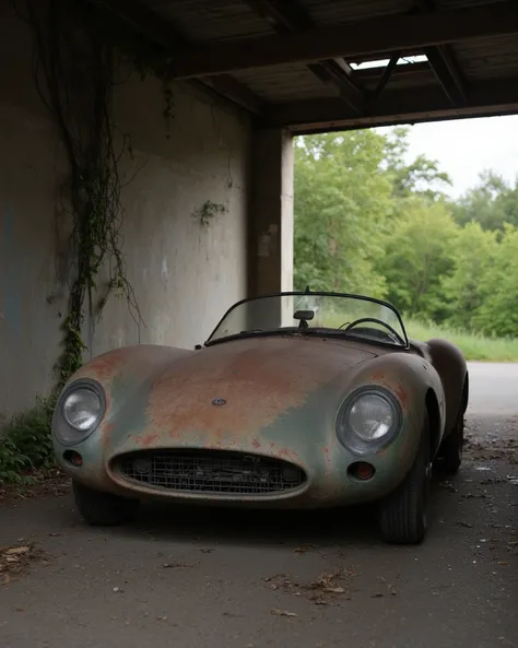 vintage sports car, 1950s, Rusted body,  Cracked Glass,  Abandoned Garage ,  Dull Metal ,  Dusty Dashboards, Cracked Tires ,  soft light at dusk ,  nostalgic vibe , Decaying walls,  ivy gets tangled,  Film-like Grain Effects 