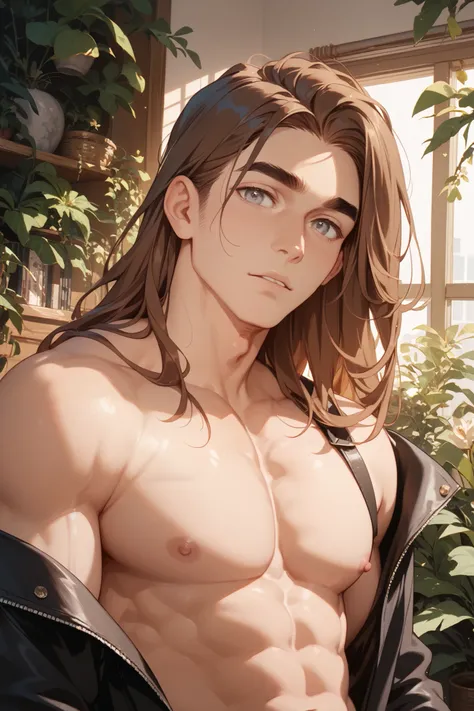 Paren, long brown hair до плеч, grey eyes, thick black eyebrows, long brown hair , without clothes, man, long hair
