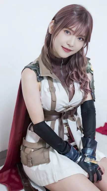 Lightning Fallon　 cosplay,  sleeveless, Shoulder rest, Wear a cape,  skirt,  fingerless gloves , ,  Pink Medium Hair 、  ,  beautiful face,   high-definition skin in summer,  幅広い腰, Short Curly Hair,  pink hair, white jedi robe ,  long jedi tapard, 長いジェダイの s...