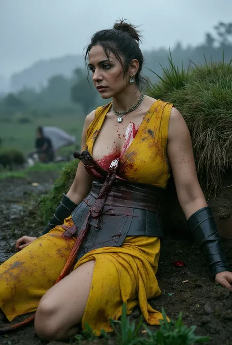 bloodied dead body of a female warrior on the battlefield seate, she is in a sitting posture slumped against a grass mound. She has a couple of huge ancient dagger lodged in the center her chest she is impaled with daggers in chest and belly, daggers are b...