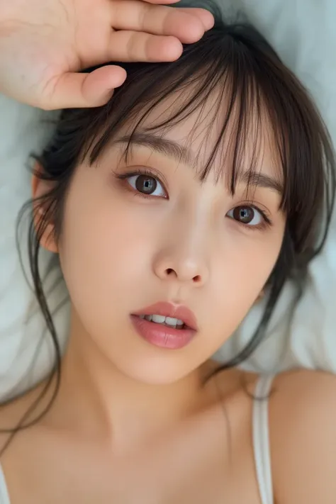 "Close-up view of a beautiful woman's face, showcasing intricate details such as smooth skin, expressive eyes, and delicate lips. The lighting is soft and even, highlighting natural facial features with a shallow depth of field to emphasize the face while ...