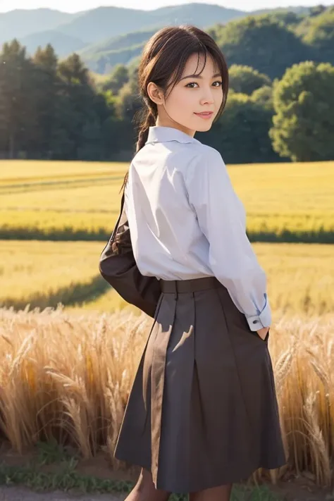 One girl, 20-year-old,  1 girl,  school uniform,  pocket down the shirt and a red bow on the collar,  medium bust, Long-sleeved white shirt with a ,  gray skirt ,  brown loafers ,  Black Short Stockings ,  short hair ,  black hair,  brown eyes,  cowboy sho...