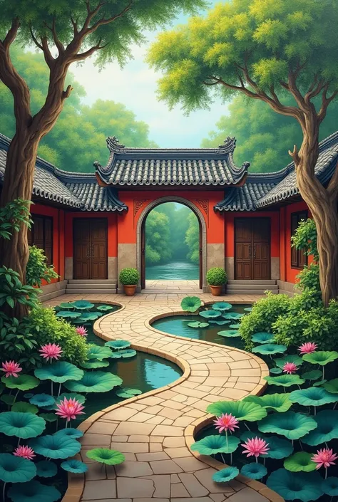  You are assigned a role :  painting specialist
Task :  I need You to do help me draw an oil painting content including:
1.	Banyan
2 .	 2 ancient village gates , roof tiles
3 .	 Lotus Pond
4 .	 Village Courtyard
5 .	country market

