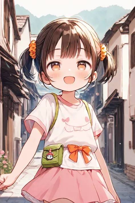 1girl, (loli:1.1), , smile, looking at viewer, solo, short twintails, brown hair, (half-closed eyes:0.8), (jitome:0.7), open mouth, bow, frills, t-shirt, miniskirt, pouch, hair scrunchie, wide sleeves, (short sleeves:0.8), town