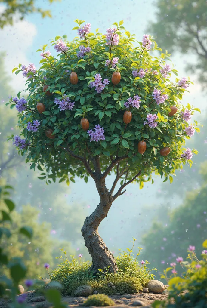 Create a picture of a young tree with purple blooms, small flowers and small, long brown fruits, tapered on the tree with green leaves.