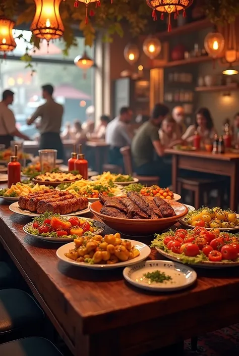 A table with kebab food with a restaurant background 