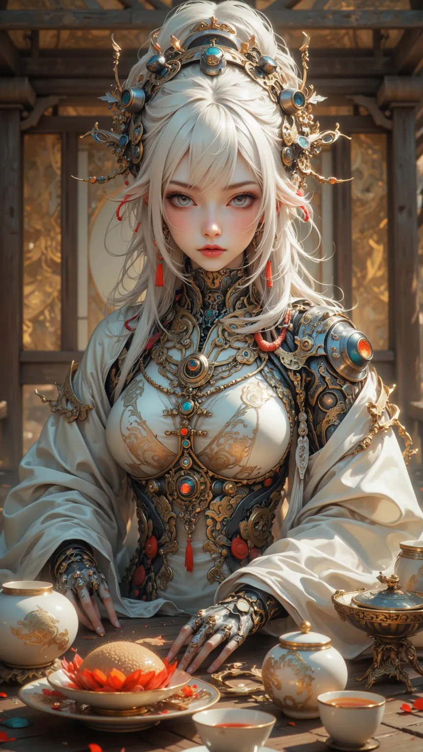 gorgeous的芸者穿著gorgeous的和服，Exquisite oriental tea set，Serene bamboo room，Perfect ivory skin and detailed decorations，（gorgeous、silver，With cutting-edge human-machine augmentation），（Traditional yuun garb），Using futuristic gadgets，In a cyberpunk setting，Covere...