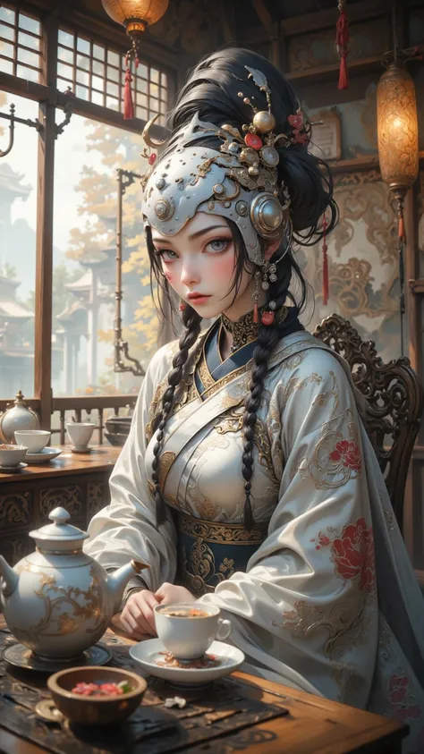 gorgeous的芸者穿著gorgeous的和服，Exquisite oriental tea set，Serene bamboo room，Perfect ivory skin and detailed decorations，（gorgeous、silver，With cutting-edge human-machine augmentation），（Traditional yuun garb），Using futuristic gadgets，In a cyberpunk setting，Covere...