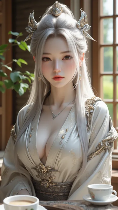 gorgeous的芸者穿著gorgeous的和服，Exquisite oriental tea set，Serene bamboo room， with perfect ivory skin and elaborate decoration，（gorgeous、silver，With cutting-edge human-machine augmentation），（Traditional yuun garb），Using futuristic gadgets，In a cyberpunk setting，...