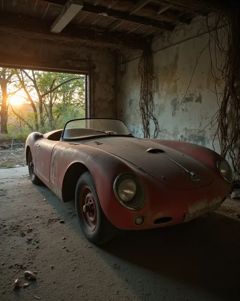 Abandoned garage bathed in warm, soft light at dusk. A vintage sports car from the 1950s sits rusty and worn, its body weathered to a dull sheen. Cracked glass and dusty dashboard evoke a sense of neglect, while cracked tires hint at disuse. Decayed walls ...