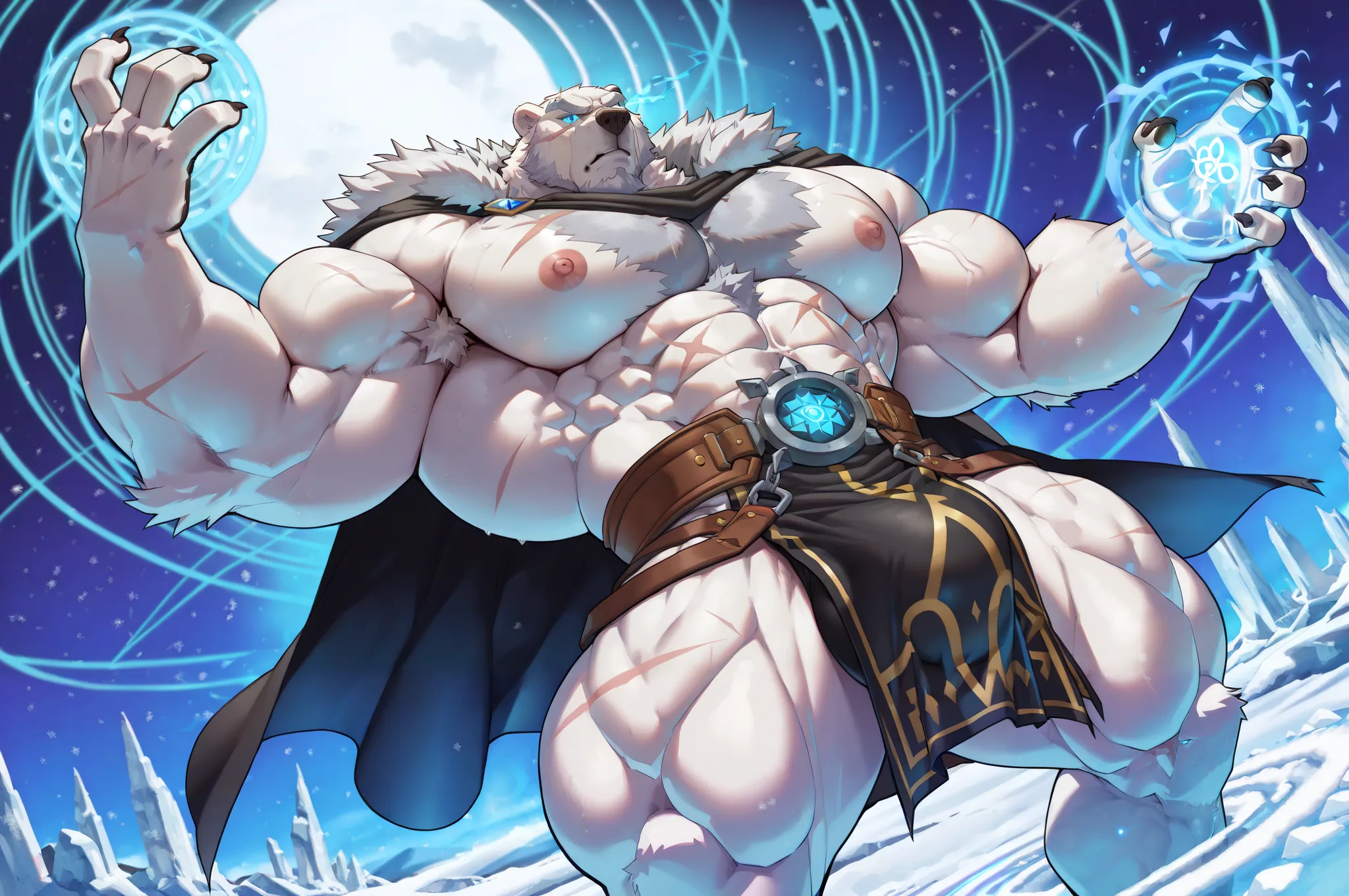 score_7_up, score_8, score_9, correct anatomy, ((detailed eyes)), ((highly detailed eyes)), high resolution, hyper-detailed,
((solo)), male, white fur, polar bear, 
((massive size difference)), ((10 feet tall)), muscle, massive, big muscle, massive muscle,...