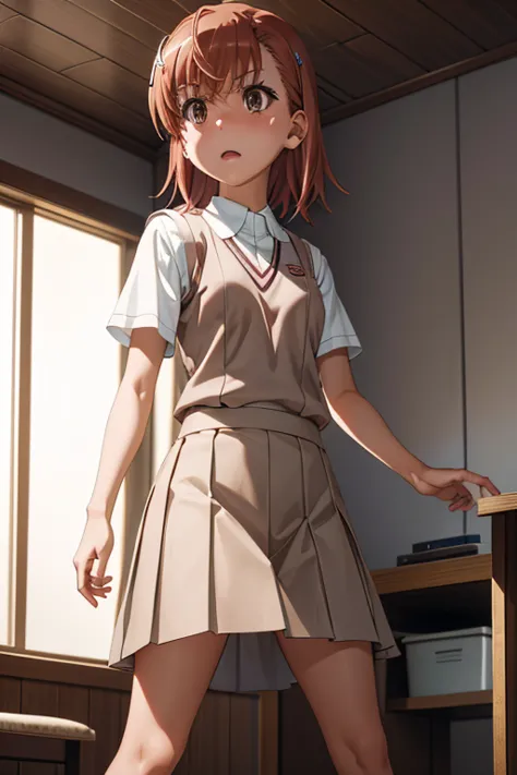 Mikoto misaka.、A Certain Scientific Railgun、girl、Small breasts、whole body,blush,Short sleeve blouse、Beige knit vest、Darkgrey plain pleated skirt、best quality,