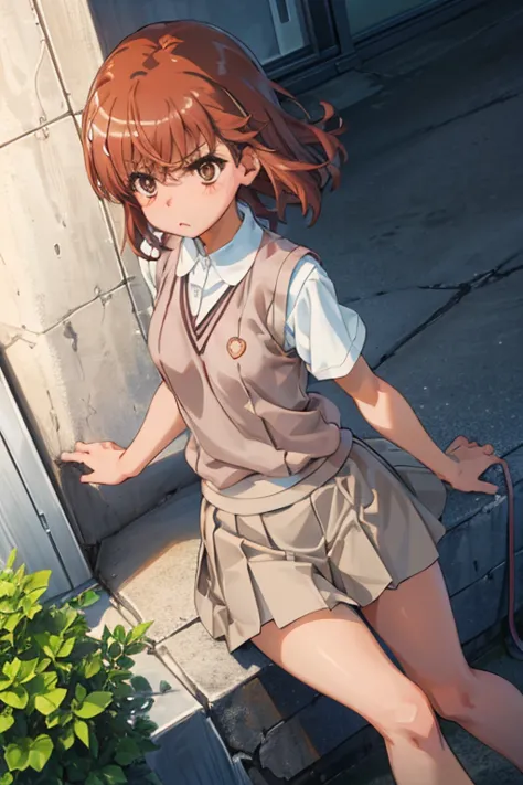 Mikoto misaka.、A Certain Scientific Railgun、girl、Small breasts、whole body,blush,Short sleeve blouse、Beige knit vest、Darkgrey plain pleated skirt、best quality,