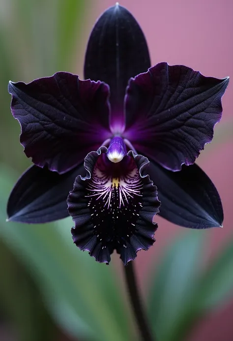 This extraordinary photograph captures the unique beauty of a black Cattleya orchid in all its glory. The deep, velvety black petals unfold with dramatic elegance, each perfectly defined against the softly blurred background. Violet lines running along the...