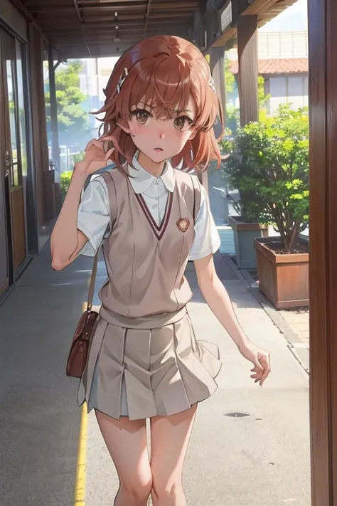 Mikoto misaka.、A Certain Scientific Railgun、girl、Small breasts、whole body,blush,Short sleeve blouse、Beige knit vest、Darkgrey plain pleated skirt、best quality,