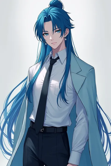  male， Long hair cape on shoulder ， Eyes are rare, different eyes ， The left eye is deep sea blue ，The right eye is gemstone blue ， Slender eyes slightly raised ， Water blue hair Long to the waist ， tied into a bundle hanging behind the body ， Liu Hai's fo...