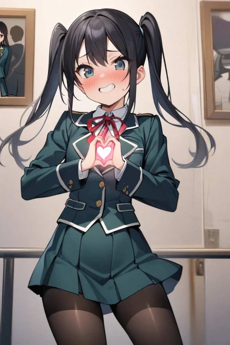  cheeky face、Heart in hands， small tits， middle school student， twin tails，uniform， eyes are hearts， black hair， miniskirt， looks good， standing picture,  have thin waists，tights，