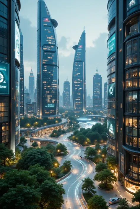  night view of a city where landmark towers of the near future rise 。 The tower is made of glass and metal 、 sustainable design covered by green plants 。 hologram advertisements and aerial drones float in the sky 、 The transparent sidewalk connects between...