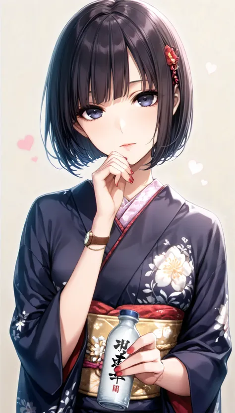  score_9,  score_8_up,  score_7_up, ( 1 girl, Alone), (upper body,  watch viewers), ( black short hair,  bob cut ,   Blunt Bang),  dark eyes, ( kimono,  kimono, Floral, band,  Long Sleeve, heart),  head tilt, Hold a bottle of sake in your hand, ( nail poli...