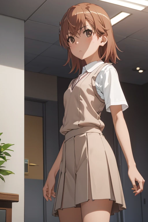 Mikoto misaka.、A Certain Scientific Railgun、girl、Small breasts、whole body,blush,Short sleeve blouse、Beige knit vest、Darkgrey plain pleated skirt、best quality,