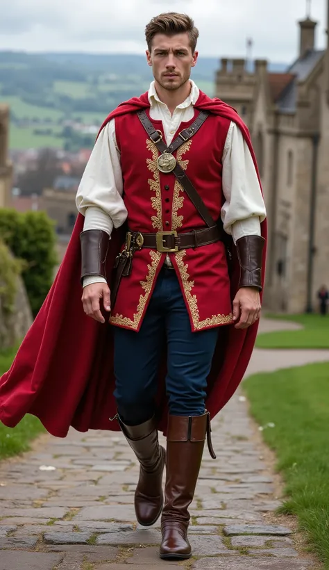 A handsome and charismatic 20-year-old English young man walks forward with confidence and pride, embodying the heritage of England. He has a strong, well-built physique, exuding both power and refinement. His sharp facial features and deep-set eyes reflec...