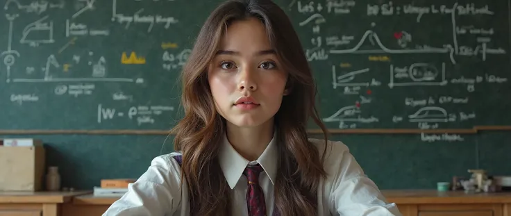 A beautiful young woman studying mechanical waves, beautiful detailed eyes, beautiful detailed lips, extremely detailed face, long eyelashes, wavy hair, school uniform, concentrating expression, physics textbook, chalkboard with mechanical wave symbols, ar...