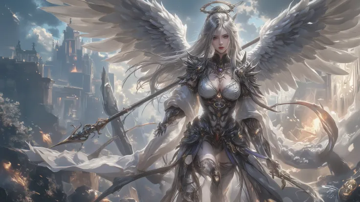 ( best quality)),( Ultra A High Resolution ),( super detailed),(Detailed depiction),((Best Photos)),( Best Works of Art ), Ultra Precision Art , amazing depiction art ,  Fantasy Art :1.5, ( Female Angel Wielding a Spear :1.7), beautiful and well-maintained...