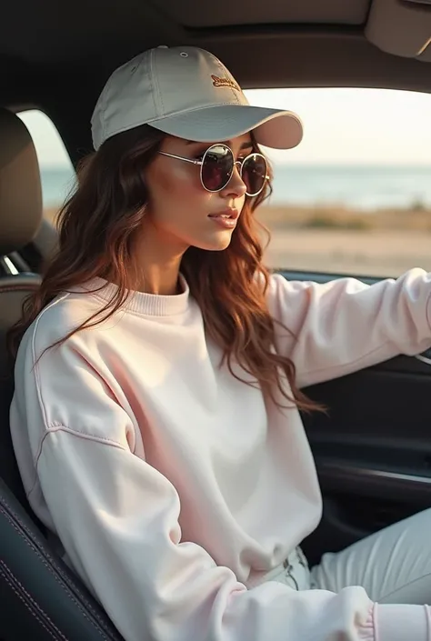  I want a young woman,  The most realistic image you can make, Brown skin,  slim body (Skinny but not so thin ), sensual and attractive, Do this woman driving in a sports car, with a different outfit,  white pants and sweatshirt with pink details,  a white...