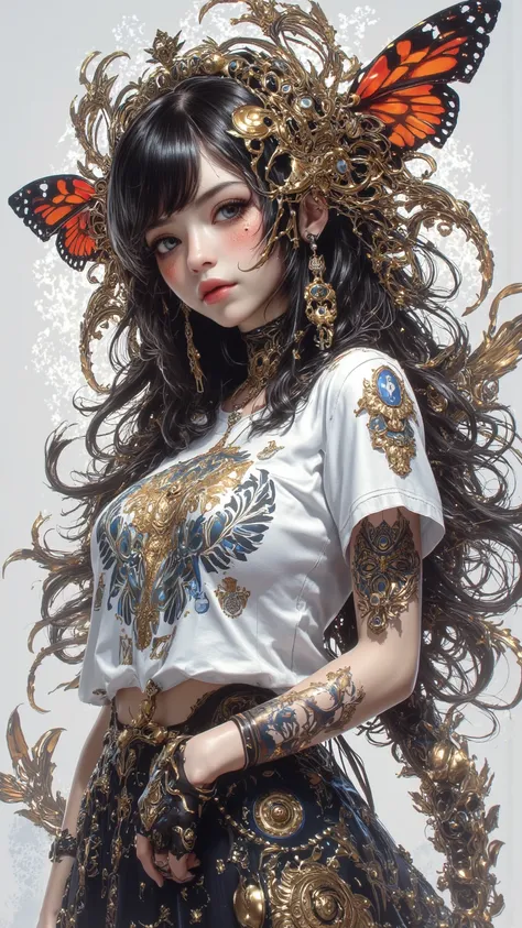  A fascinating fusion of fantasy and modern art， A Charming  ， Has Charming Eyes ， Captured Spirituality ， Vivid Expression ， Excellent Body Proportions ，T-Shirt Clothing ， Exquisite and flawless composition ， Intricate and vivid sketch ， Clear Visual Effe...