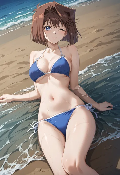 (((Mazaki Anzu)))、 blue bikini、(( medium breasts))、 piece、wink、((Top angle))、 orbital space、Seaside beach、brown hair、 short hair 、 Ulchan-6500-v1.1, ( RAW photos :1.2),  beautiful detailed ,  very detailedな目 美しい目, beautiful eyes、 light blue eyes、  file siz...