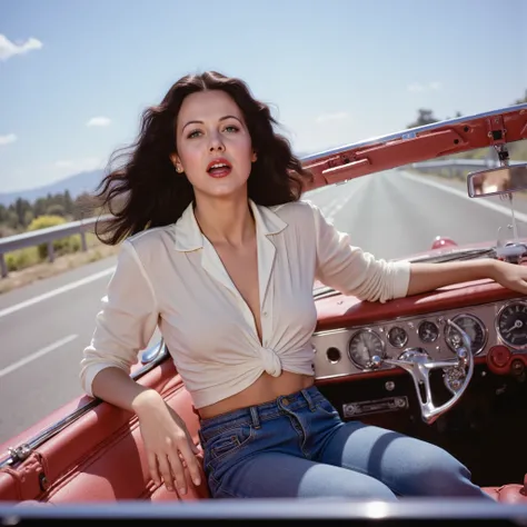 Hedy Lamarr est debout à la place du passager face à la route, dans un cabriolet conduit par une fille qui roule à vive allure sur autoroute. elle a les bras en l'air. les cheveux flottent au vent. sa chemise se soulève comme si le vent s'engouffrait desso...