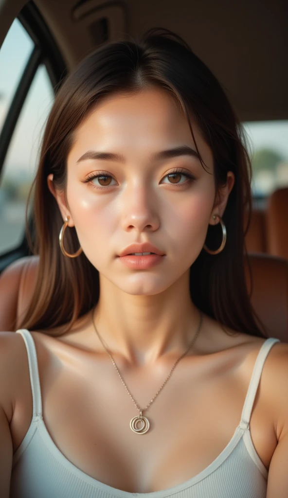 A close-up portrait of a young Asian woman inside a car. She has fair skin and dark hair pulled back. She's wearing a white spaghetti strap tank top, large hoop earrings, and a necklace with interlocking circle pendant. The car's interior features brown le...