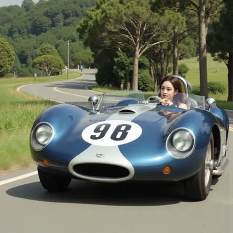 woman driving a vintage sports car