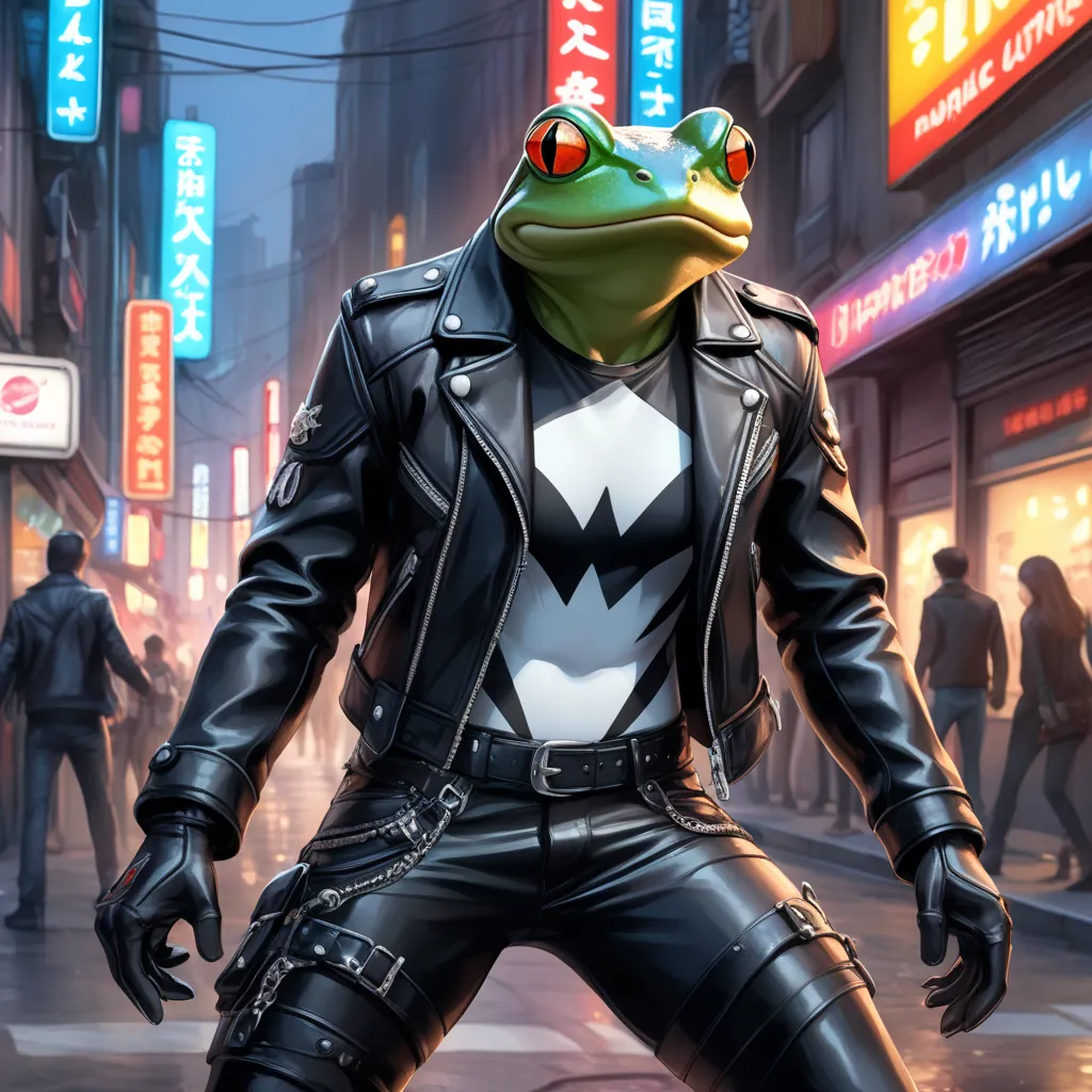 Closeup, Watercolor, digital comic book art style, (highest quality、4k、8K、High resolution、masterpiece:1.2)、Super detailed、(anime style、realistic:1.37)、an extremely badass anthropomorphic light blue and white bullfrog wearing an insanely cool black leather ...